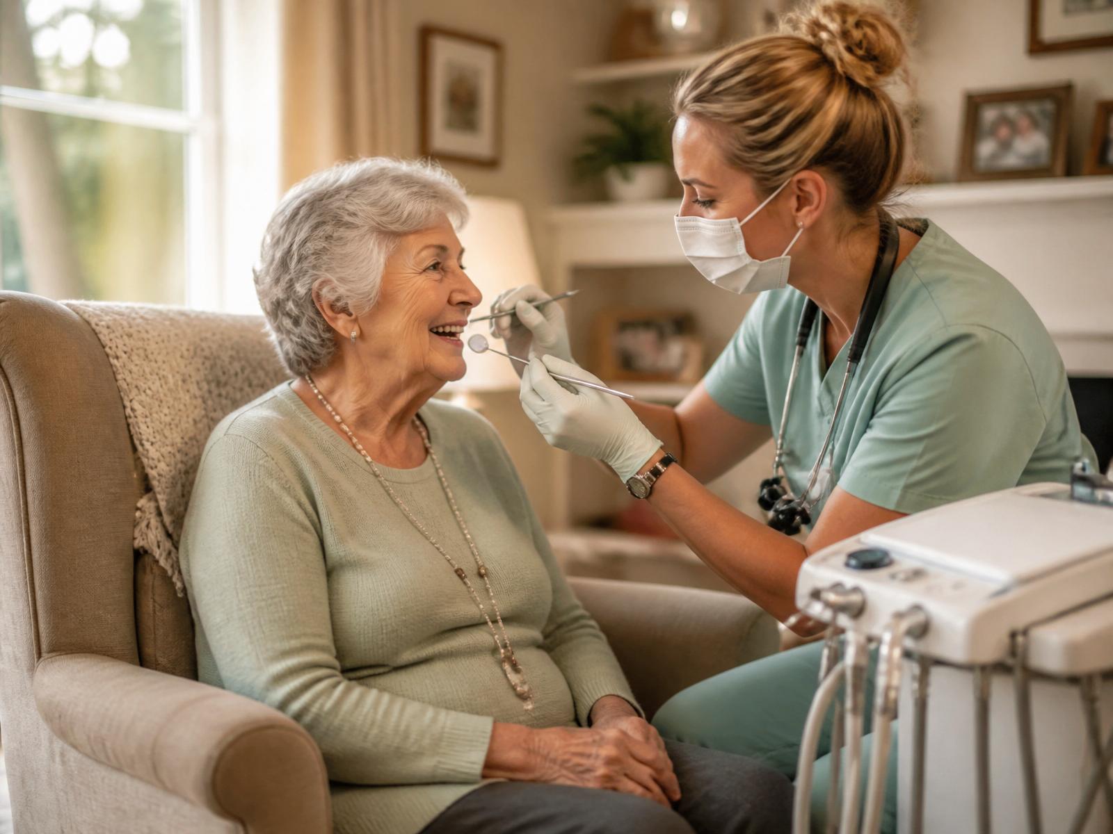 Dental hygienist providing gentle at-home care to a senior woman